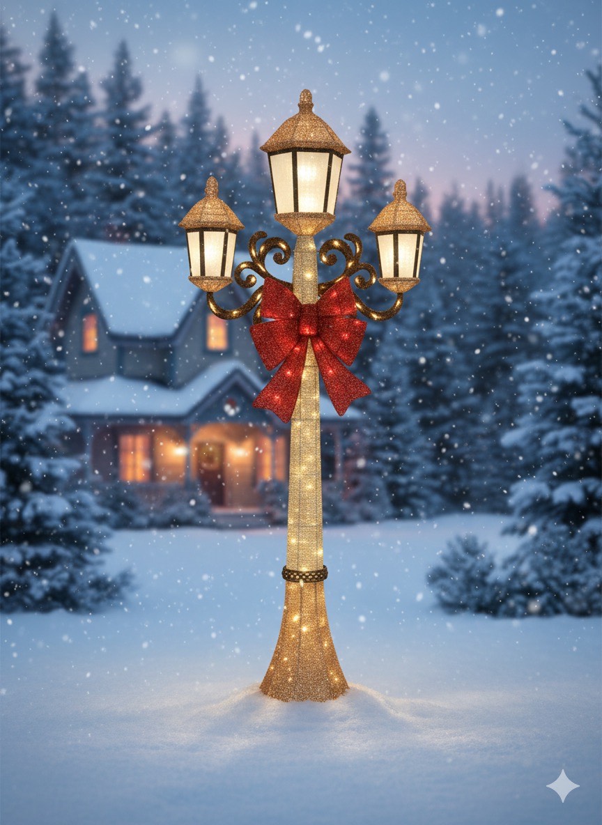 Holiday Lamp Post with 220 LED Lights & Red Bow